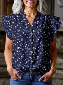 EMERY ROSE Plus Size Ditsy Floral Casual Minimalist Shirt, Suitable For Summer Vacation Chic Blouses For Women - Multicolor - View 7