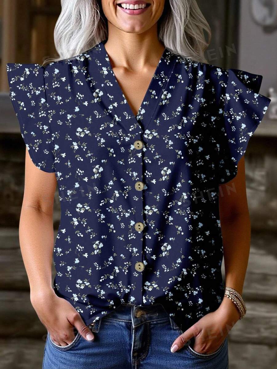 EMERY ROSE Plus Size Ditsy Floral Casual Minimalist Shirt, Suitable For Summer Vacation Chic Blouses For Women - Multicolor - View 1