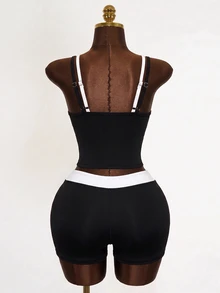 Mistrie 2pcs/Set 2 In 1 Contrast Color Camisole Tank Top & High Waist Fitness Shorts Sports Set - Black and White - View 8