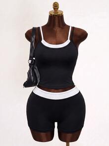 Mistrie 2pcs/Set 2 In 1 Contrast Color Camisole Tank Top & High Waist Fitness Shorts Sports Set - Black and White - View 6