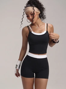 Mistrie 2pcs/Set 2 In 1 Contrast Color Camisole Tank Top & High Waist Fitness Shorts Sports Set - Black and White - View 4