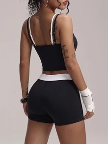 Mistrie 2pcs/Set 2 In 1 Contrast Color Camisole Tank Top & High Waist Fitness Shorts Sports Set - Black and White - View 5