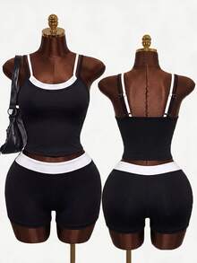 Mistrie 2pcs/Set 2 In 1 Contrast Color Camisole Tank Top & High Waist Fitness Shorts Sports Set - Black and White - View 1