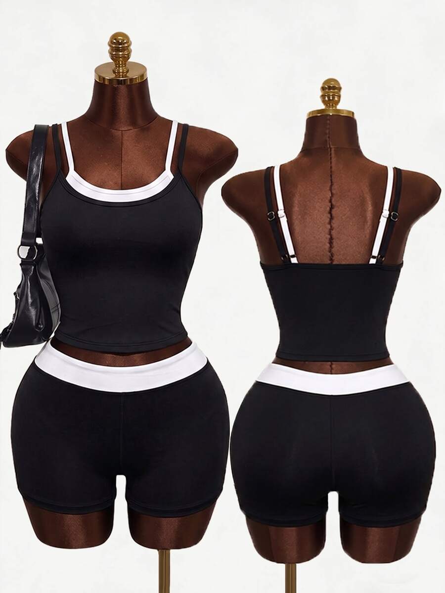 Mistrie 2pcs/Set 2 In 1 Contrast Color Camisole Tank Top & High Waist Fitness Shorts Sports Set - Black and White - View 1