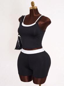 Mistrie 2pcs/Set 2 In 1 Contrast Color Camisole Tank Top & High Waist Fitness Shorts Sports Set - Black and White - View 7