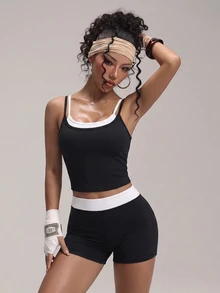 Mistrie 2pcs/Set 2 In 1 Contrast Color Camisole Tank Top & High Waist Fitness Shorts Sports Set - Black and White - View 3