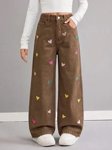 SHEIN Celana Jeans Longgar Lebar Warna Cokelat dengan Motif Bordir Hati Berwarna-warni untuk Remaja Perempuan LY2k, Cocok untuk Sekolah - Coklat - View 1
