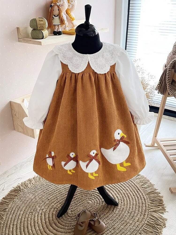 SHEIN Babygirl Cute Doll Autumn Winter Dress Colorblock Corduroy Cartoon Pattern Embroidered Long Sleeve Dress - Brown - View 8