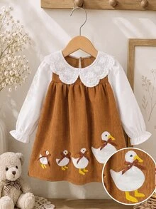 SHEIN Babygirl Cute Doll Autumn Winter Dress Colorblock Corduroy Cartoon Pattern Embroidered Long Sleeve Dress - Brown - View 3