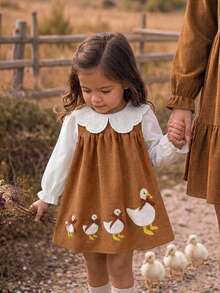 SHEIN Babygirl Cute Doll Autumn Winter Dress Colorblock Corduroy Cartoon Pattern Embroidered Long Sleeve Dress - Brown - View 1