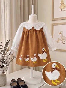 SHEIN Babygirl Cute Doll Autumn Winter Dress Colorblock Corduroy Cartoon Pattern Embroidered Long Sleeve Dress - Brown - View 10