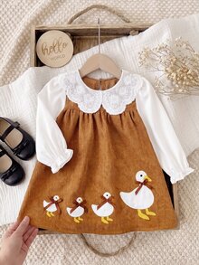 SHEIN Babygirl Cute Doll Autumn Winter Dress Colorblock Corduroy Cartoon Pattern Embroidered Long Sleeve Dress - Brown - View 9