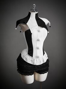 Amplova Women Black & White Contrast Halloween Clown Costume Top 2 Pieces Set - Black and White - View 4