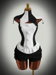 Amplova Women Black & White Contrast Halloween Clown Costume Top 2 Pieces Set - Black and White - View 1