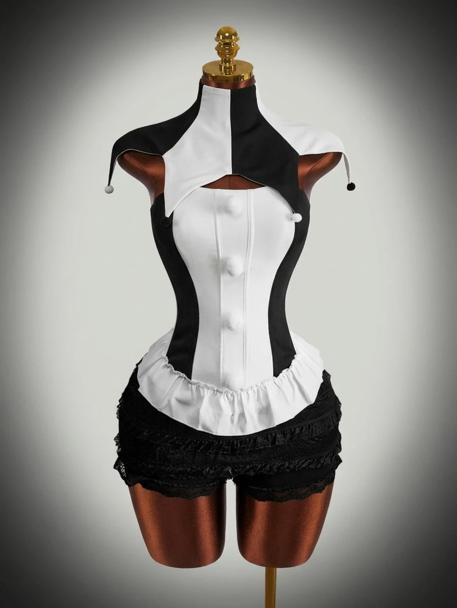 Amplova Women Black & White Contrast Halloween Clown Costume Top 2 Pieces Set - Black and White - View 1