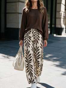 Louniche Setelan Kasual Liburan Wanita 2 Potong: Kemeja Linen Cokelat + Celana Panjang Motif Ranting Pohon - Coklat - View 4