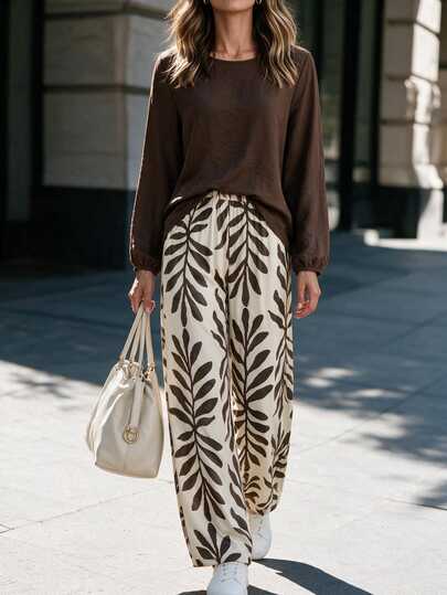 Louniche Casual Vacation Linen Brown Shirt + Tree Branch Pattern Long Pants Women 2pcs Set