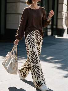 Louniche Setelan Kasual Liburan Wanita 2 Potong: Kemeja Linen Cokelat + Celana Panjang Motif Ranting Pohon - Coklat - View 5