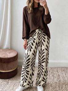 Louniche Setelan Kasual Liburan Wanita 2 Potong: Kemeja Linen Cokelat + Celana Panjang Motif Ranting Pohon - Coklat - View 6