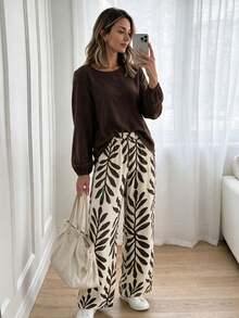 Louniche Setelan Kasual Liburan Wanita 2 Potong: Kemeja Linen Cokelat + Celana Panjang Motif Ranting Pohon - Coklat - View 7