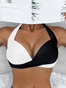 SHEIN Swim 海滩/度假色块吊带比基尼上衣 - 黑與白 - 查看 5