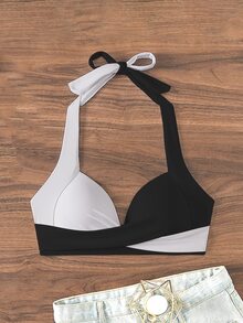 SHEIN Swim 海滩/度假色块吊带比基尼上衣 - 黑與白 - 查看 7
