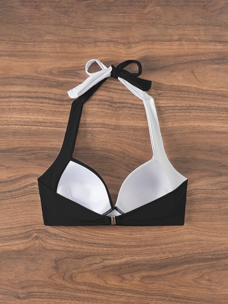 Swim SXY Color Block Halter Bikini Top For Beach/Holiday For Summer Beach Vacation - Black and White - View 6