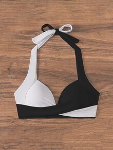 SHEIN Swim 海滩/度假色块吊带比基尼上衣 - 黑與白 - 查看 4