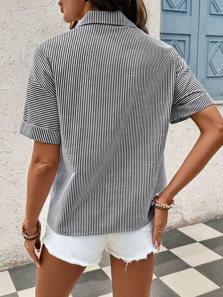 Balvessa Women's Summer Vacation Basic Striped Short Sleeve Cotton Shirt - Black and White - View 2