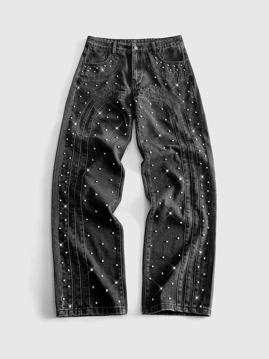 ROMWE MEN Men's Fashion Street Rivet Button Pocket Denim Jeans - Black - View 1