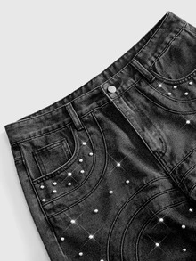 ROMWE MEN Men's Fashion Street Rivet Button Pocket Denim Jeans - Black - View 2