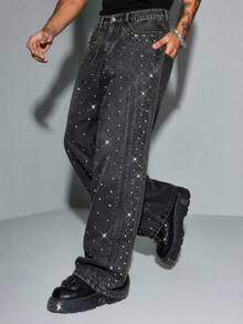 ROMWE MEN Men's Fashion Street Rivet Button Pocket Denim Jeans - Black - View 1