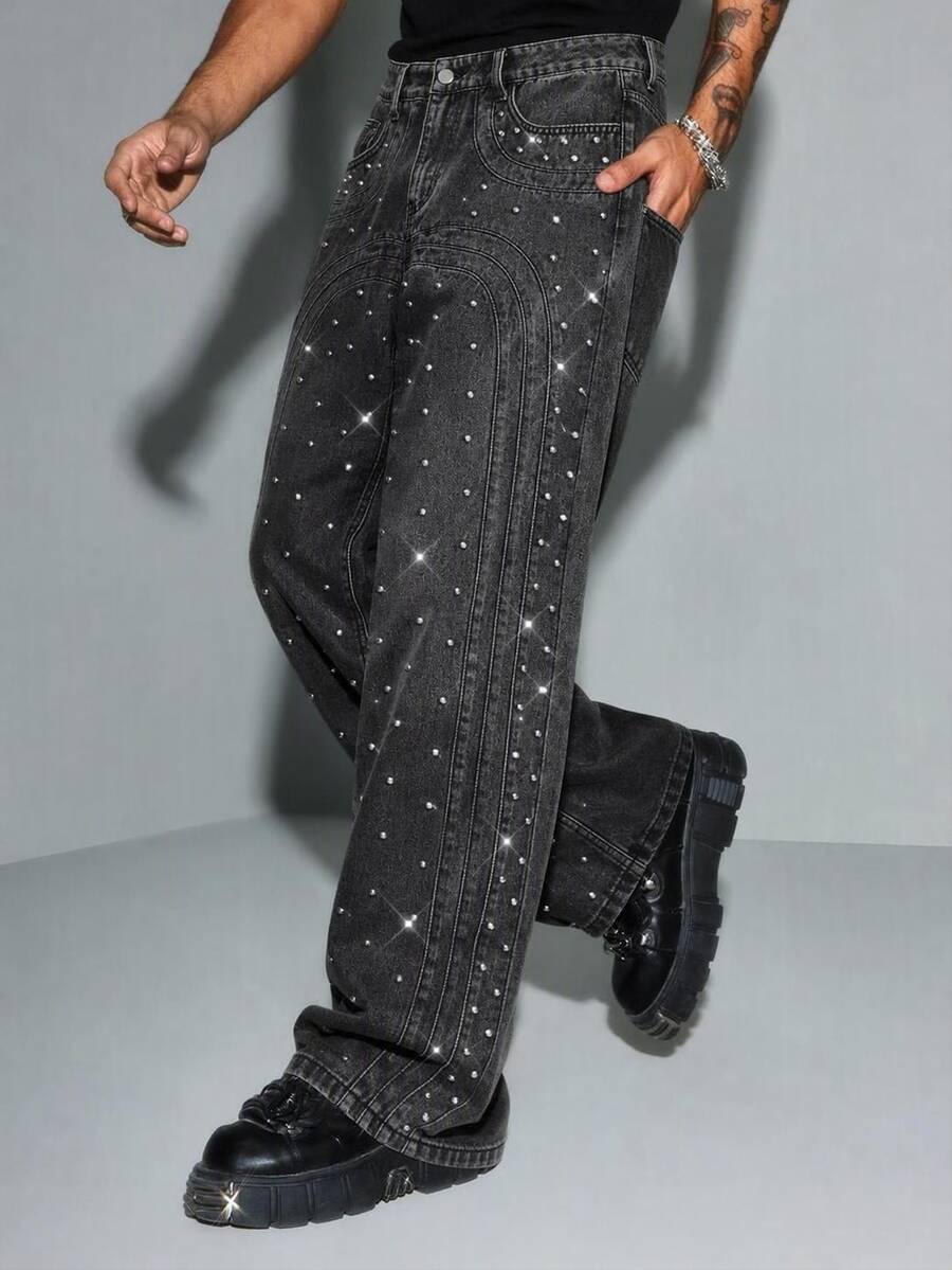 ROMWE MEN Men's Fashion Street Rivet Button Pocket Denim Jeans - Black - View 1