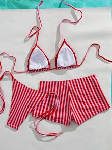 Swim Mod 女款 3 件組夏季度假海灘性感可愛少女風拼色直條紋三角掛脖露背比基尼套裝，含綁帶比基尼泳褲與男孩風平角褲泳衣 - 彩色 - 查看 4