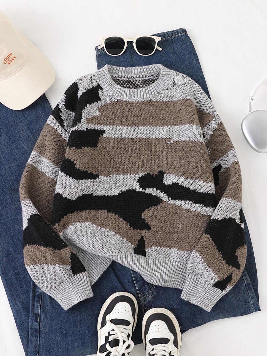 Boys' Autumn/Winter Fashion Pattern & Letter Jacquard Knit Sweater Long Sleeve Base Layer - Grey - View 1