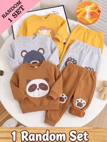 SHEIN Baby Boys 1 Set Fall Outfits Cartoon Panda Print Crew Neck Sweatshirt & Jogger Pants, Fall Winter Casual - Multicolor - View 3