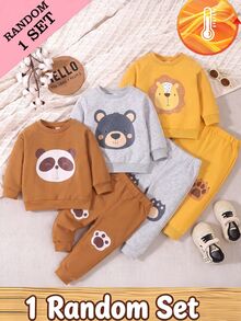 SHEIN Baby Boys 1 Set Fall Outfits Cartoon Panda Print Crew Neck Sweatshirt & Jogger Pants, Fall Winter Casual - Multicolor - View 1