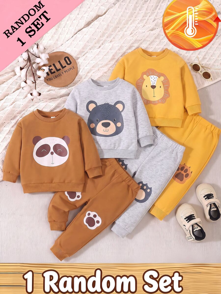 SHEIN Baby Boys 1 Set Fall Outfits Cartoon Panda Print Crew Neck Sweatshirt & Jogger Pants, Fall Winter Casual - Multicolor - View 1