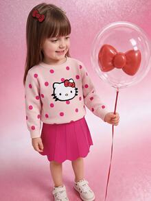 HELLO KITTY AND FRIENDS | SHEIN Playful Pals 2件組女孩可愛卡通裝飾波點長袖針織毛衣與針織裙，秋冬套頭衫 - 彩色 - 查看 8
