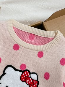 HELLO KITTY AND FRIENDS | SHEIN Playful Pals 2件組女孩可愛卡通裝飾波點長袖針織毛衣與針織裙，秋冬套頭衫 - 彩色 - 查看 3