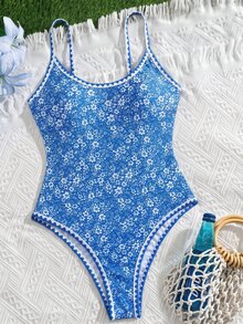 SHEIN Swim 夏季新款歐美風性感高衩紅色幸運魚印花拼接包邊貝殼邊小胸托高雙肩帶連身泳衣，適合女性與女孩，甜美清新顯瘦，適用溫泉、海灘、度假、生日派對 - 藍色 - 查看 3