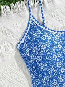 SHEIN Swim 夏季新款歐美風性感高衩紅色幸運魚印花拼接包邊貝殼邊小胸托高雙肩帶連身泳衣，適合女性與女孩，甜美清新顯瘦，適用溫泉、海灘、度假、生日派對 - 藍色 - 查看 6