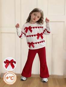 SHEIN Genkimix Kids 甜美可愛風女童2件套 紅色3D蝴蝶結與愛心印花圓領衛衣搭配紅色喇叭褲，適合秋冬室內外穿著 - 彩色 - 查看 4
