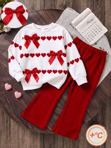 SHEIN Genkimix Kids 甜美可愛風女童2件套 紅色3D蝴蝶結與愛心印花圓領衛衣搭配紅色喇叭褲，適合秋冬室內外穿著 - 彩色 - 查看 8