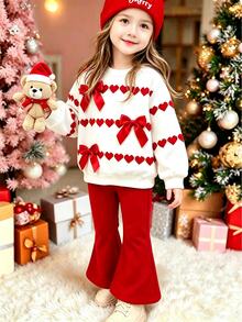 SHEIN Genkimix Kids 甜美可愛風女童2件套 紅色3D蝴蝶結與愛心印花圓領衛衣搭配紅色喇叭褲，適合秋冬室內外穿著 - 彩色 - 查看 1