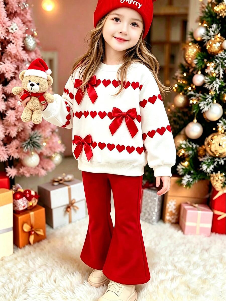 SHEIN Genkimix Kids 甜美可愛風女童2件套 紅色3D蝴蝶結與愛心印花圓領衛衣搭配紅色喇叭褲,適合秋冬室內外穿著 - 彩色 - 查看 1
