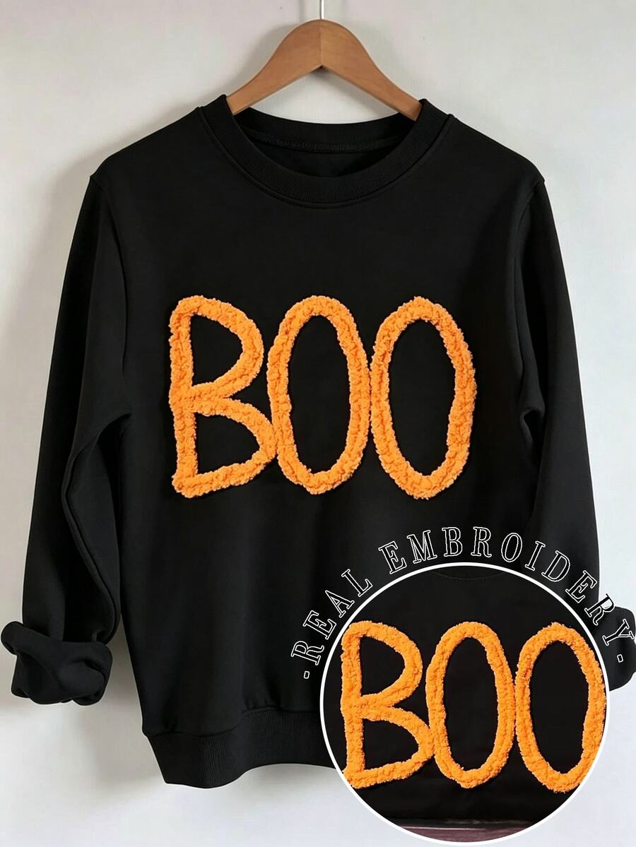 INAWLY 秋季氛圍萬聖節 BOO 刺繡落肩休閒運動衫,萬聖節刺繡運動衫,萬聖節雪尼爾紗線運動衫,個性化秋季運動衫,秋季運動衫時尚禮物,雪尼爾 BOO 萬聖節運動衫 - 黑色 - 查看 1