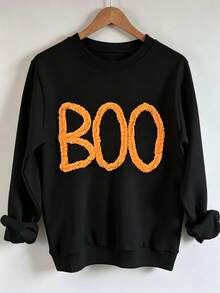 INAWLY 秋季氛圍萬聖節 BOO 刺繡落肩休閒運動衫，萬聖節刺繡運動衫，萬聖節雪尼爾紗線運動衫，個性化秋季運動衫，秋季運動衫時尚禮物，雪尼爾 BOO 萬聖節運動衫 - 黑色 - 查看 3
