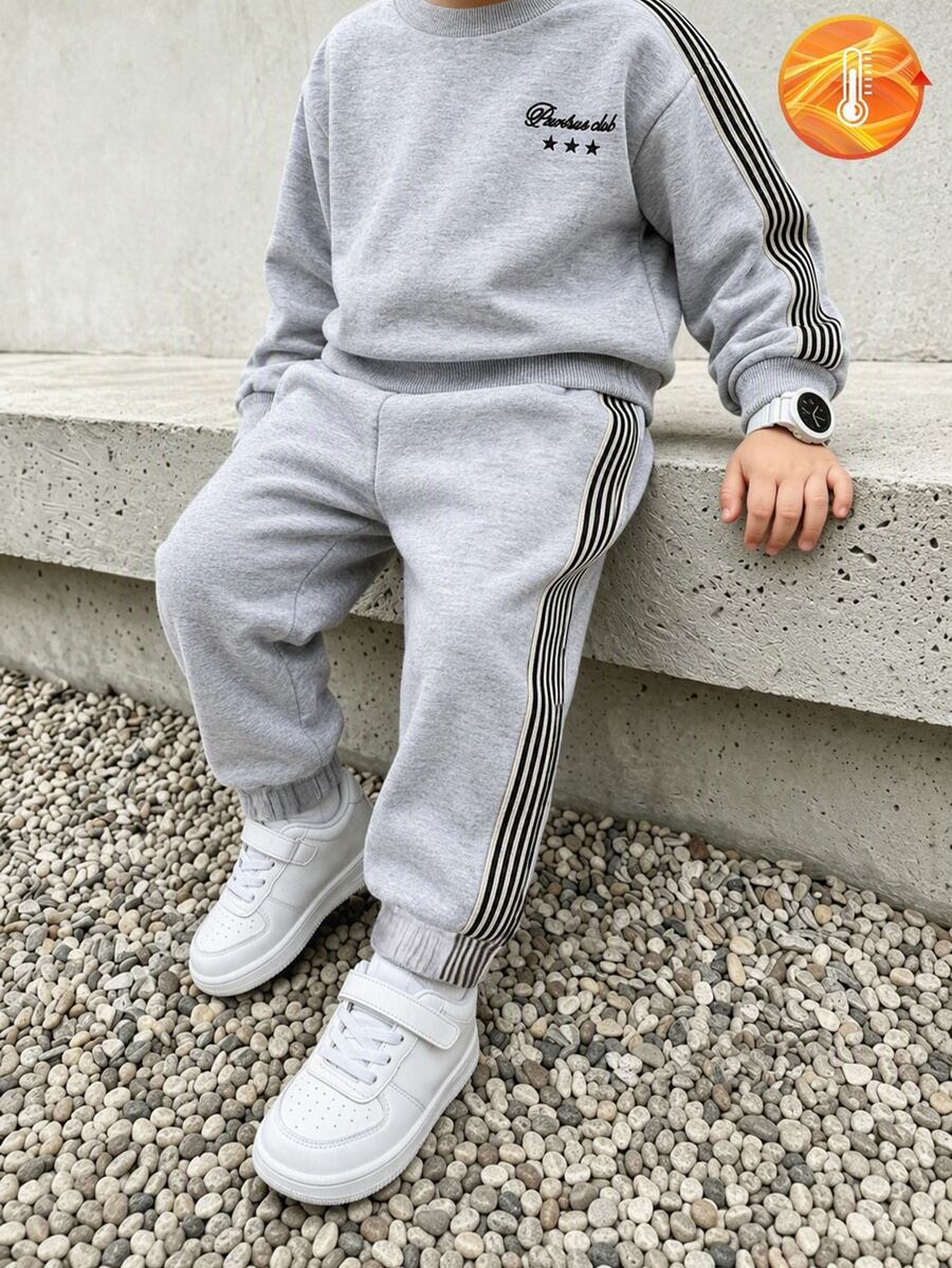 SHEIN Playful Pals 2件組幼兒男童運動休閒套裝，灰色側條紋星星刺繡長袖圓領厚款運動衛衣與慢跑褲，學院風冬季聖誕節假期針織衫套裝