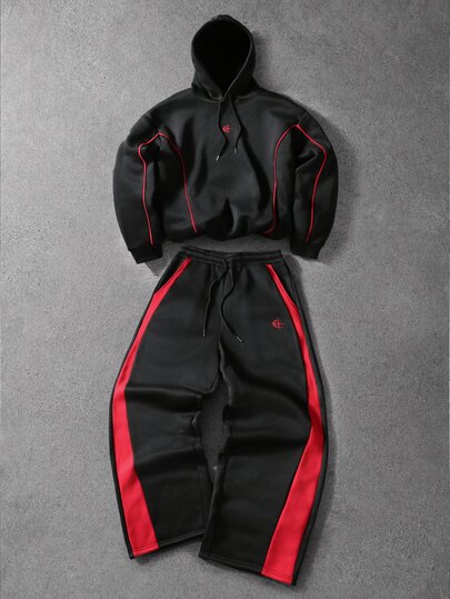 Manfinity EMRG Conjunto de sudadera con capucha para hombre, estilo versátil de moda con estampado y bloques de color negro-rojo, adecuado para uso diario en la calle, también un regalo ideal para novio o esposo